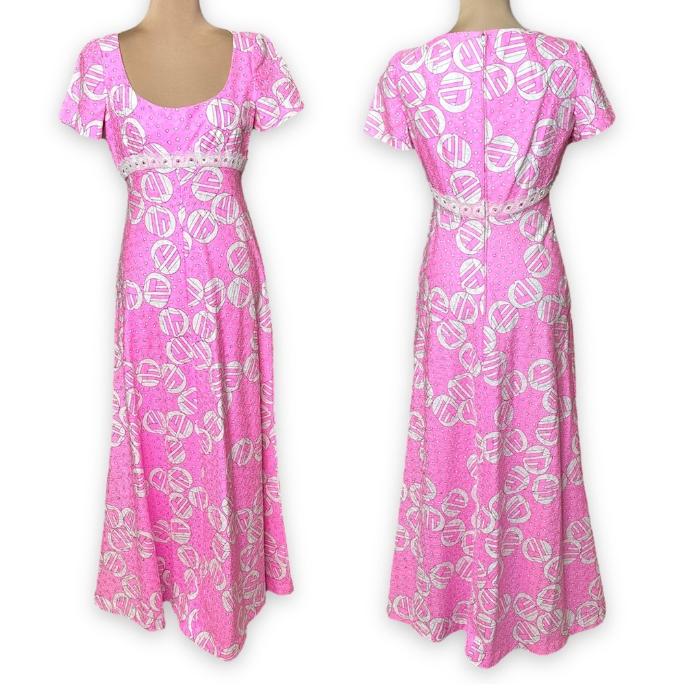 Vintage 60s 70s Harmay Maxi Formal Dress Pink White Geometric Print Size Small